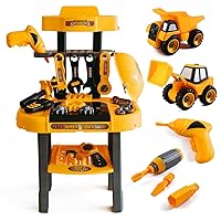Toddler Workbench and Tool Set w/ 2 Take Apart Trucks - 2 in 1 Construction Toy and Work Bench with Toy Power Tools, DIY Electric Drill, Nuts and Bolts - Gift for Boys and Girls Ages 2-5