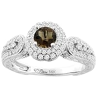 Sabrina Silver 14K White Gold Natural Smoky Topaz & Diamond Halo Ring Round 5 mm, Sizes 5-10