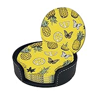 Fashion Pineapples Print Coaster,Round Leather Coasters with Storage Box for Wine Mugs,Cold Drinks and Cups Tabletop Protection (6 Piece)