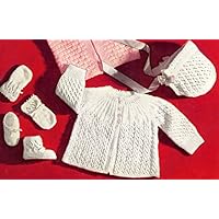 Vintage Knitting PATTERN to make - Knitted Eyelet Lace Baby Sweater Cap Booties MittensKnitting Set. NOT a finished item. This is a pattern and/or instructions to make the item only.