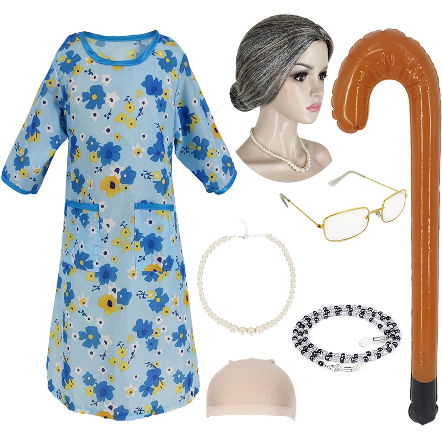 Ruina Old Lady Costume for Kids 100 Days of School Costume with Grey Grandma Wig, Kids Blue Dress, Glasses, Glass Chain, Necklace, Balloon Walking Stick (4-6 Year) R046S