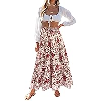ZESICA Women's 2024 Bohemian Floral Printed Elastic Waist A Line Maxi Skirt with Pockets