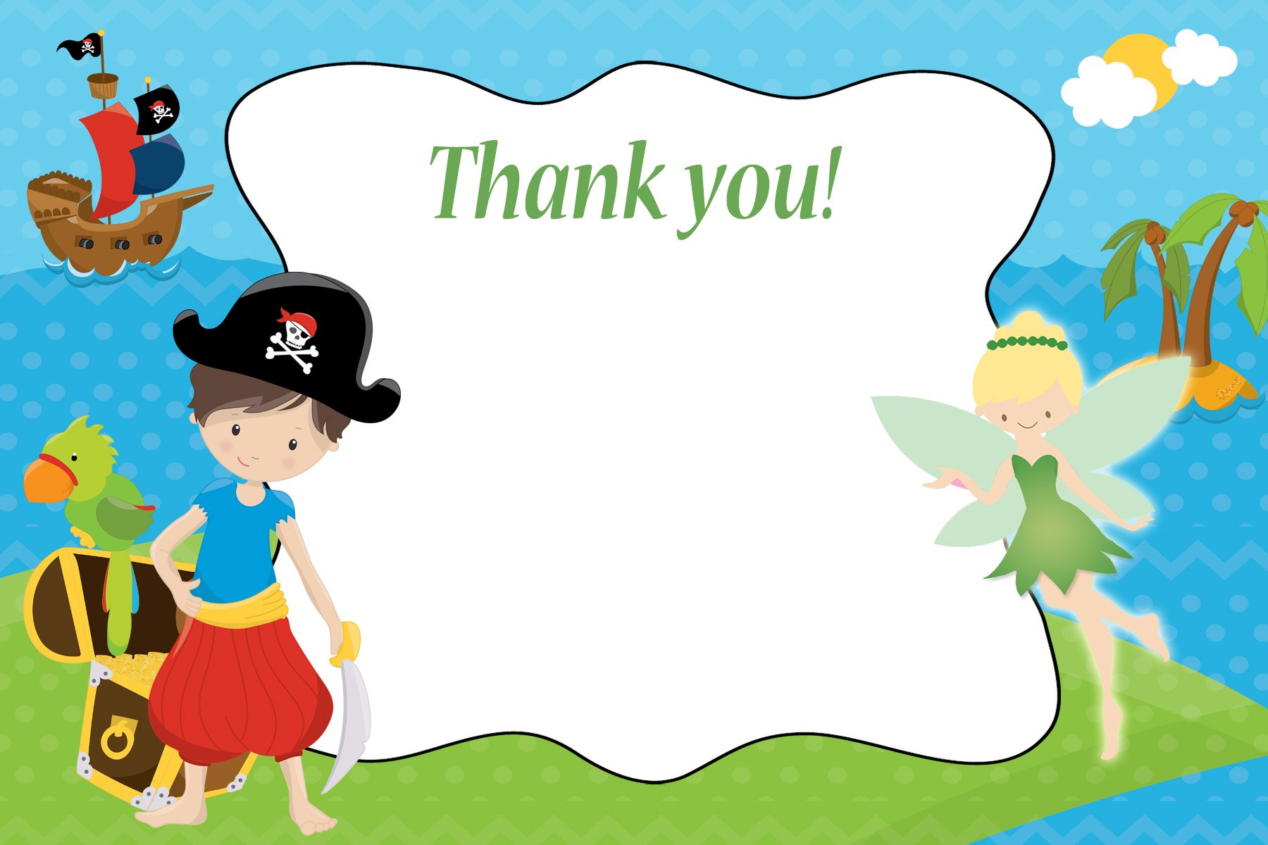 30 Thank You Cards Green Blue Polka Dots Pirate Fairy Design Baby Shower Birthday Twins Siblings Party + 30 White Envelopes