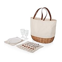PICNIC TIME Promenade Picnic Basket for 2, Canvas and Willow Picnic Set - Includes Utensil Set, Glasses, and Plates, (Beige Canvas)