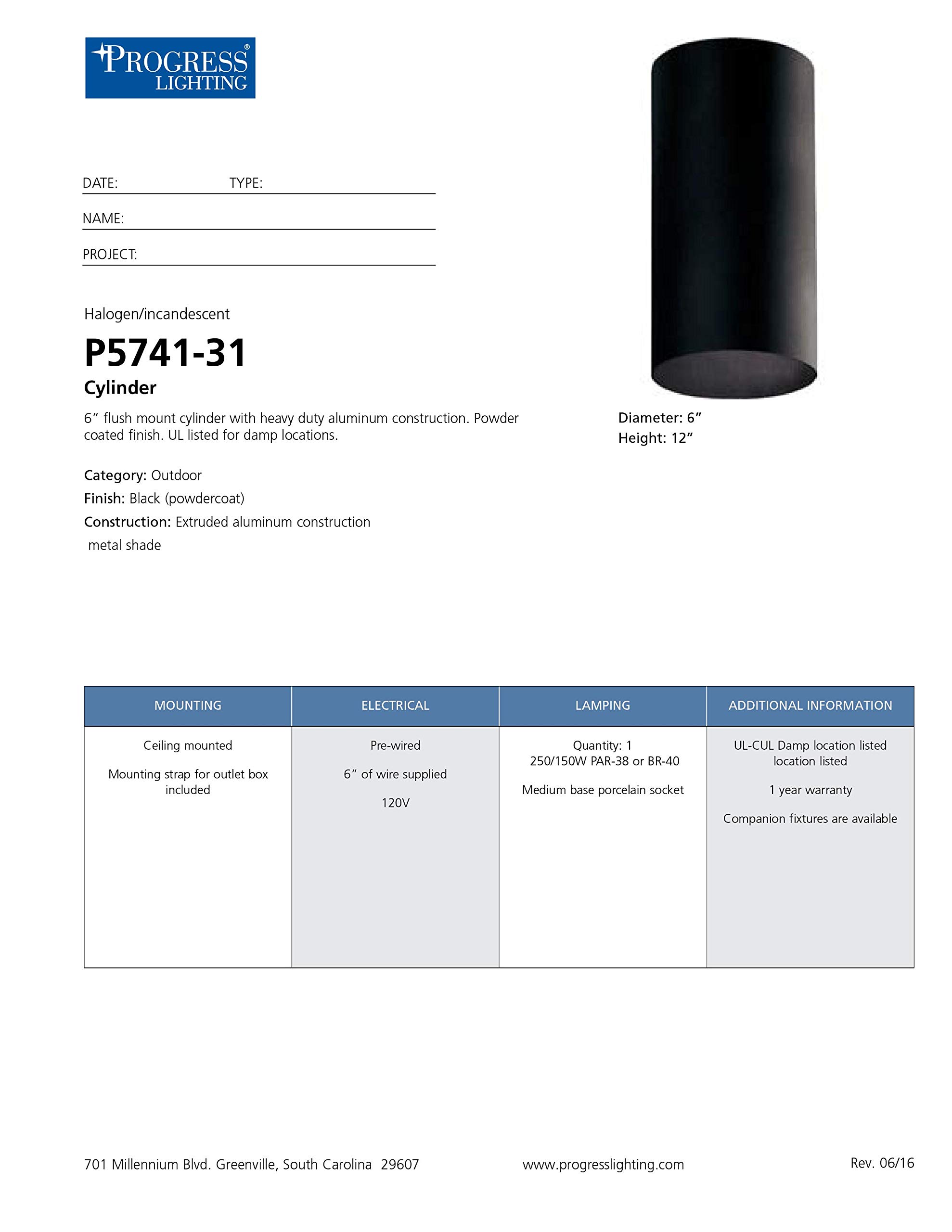 Progress Lighting P5741-31 Cylinder Outdoor, 6-Inch Diameter x 12-Inch Height, Black