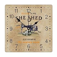 PVC Wall Clock Welcome to My She Shed Frameless Clocks Sewing Machine White Floral 10in Sewing Studio Battery Operated Retro Chic Square PVC Clock for Living Room Kitchen Bedroom Bathroom