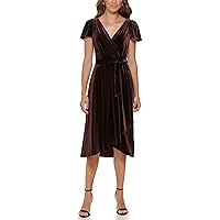 DKNY Women's Short Sleeve Asymmetrical Hem Faux Wrap Dress, Chocolate, 6