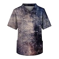 Scrub Tops for Men 2024 Fashion Striped Plaid Printed Shirt V-Neck Soft Stretch Working Uniform with One Chest Pocket