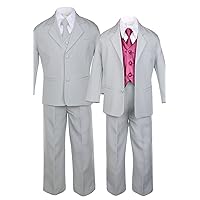 7pc Boys Silver Suit with Satin Burgundy Vest Set from Baby to Teen