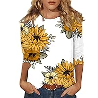 3/4 Length Sleeve Womens Tops Sunflower Print Casual Loose Fit Crewneck T Shirts Cute Tunic Tops Trendy Blouses