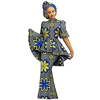 2022 African Dresses for Women, Draped Puff Sleeve Jacket, Print Ruffles, Customizable Mermaid Dress with Turban Headwrap