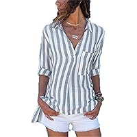 Andongnywell Women's Striped Printed Long Sleeves Casual Lapel Blouses Button Shirt Tops Pockets Shirt