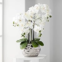Potted Faux Artificial Flowers Arrangements Realistic White Phalaenopsis Orchid in Silver Pot Home Decoration Living Room Office Bedroom Bathroom Kitchen Dining Room 23