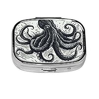Octopus Tentacles Monster Print Pill Box Square Metal Pill Case with 2 Compartment Portable Travel Pillbox Cute Mini Medicine Organizer for Pocket Purse