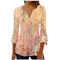 3/4 Sleeve Shirts for Women,Flowers Printed Shirt Button Down V Neck Pleated Blouse Petal Sleeve Boho Cute Tops
