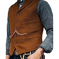Mens Classic Wool Herringbone Suit Vest Casual Sleeveless Tweed Jacket Dress Waistcoat for Wedding Groom's Wear Plus Size (Color : Orange, Size : 3X-Large)