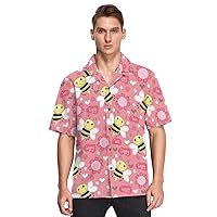 Bee Flowers Hearts Mens Button Down Shirt Men Casual Short Sleeve Hawaiian Shirts Aloha Shirt S