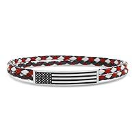 Nautica Stainless Steel Double Strand Red White Blue Braided Leather American Flag Bar Bracelet for Men (Red)