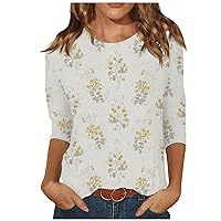 Summer 3/4 Sleeve T Shirt Fashion Floral Pattern Top for Womens Three Quarter Sleeve Pullover Round Neck Tees