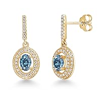 Gem Stone King 18K Yellow Gold Plated Silver Multi-Color Multi and White Moissanite Dangle Earrings For Women (1.41 Cttw, Gemstone, Oval 6X4MM)