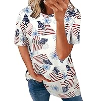 Crop Turtleneck Tops for Women Women's Short Sleeve Shirt Floral Tops Independence Day Blouses for Women Round