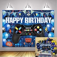 Happy Birthday Video Game Photography Backdrop Blue Level Up Gaming Happy Birthday Banner Boy Family Indoor Outdoor Gamer Room Video Game Party Wall Decoration 7x5ft
