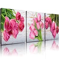 Tulips Floral Wall Decor Pink Tulip Canvas Prints Pictures Women's Bedroom Art 12x12 Inch 3 Panels Modern Flower Botanical Plant Photo Painting Artwork for Office Bath Living Room Home Decoration