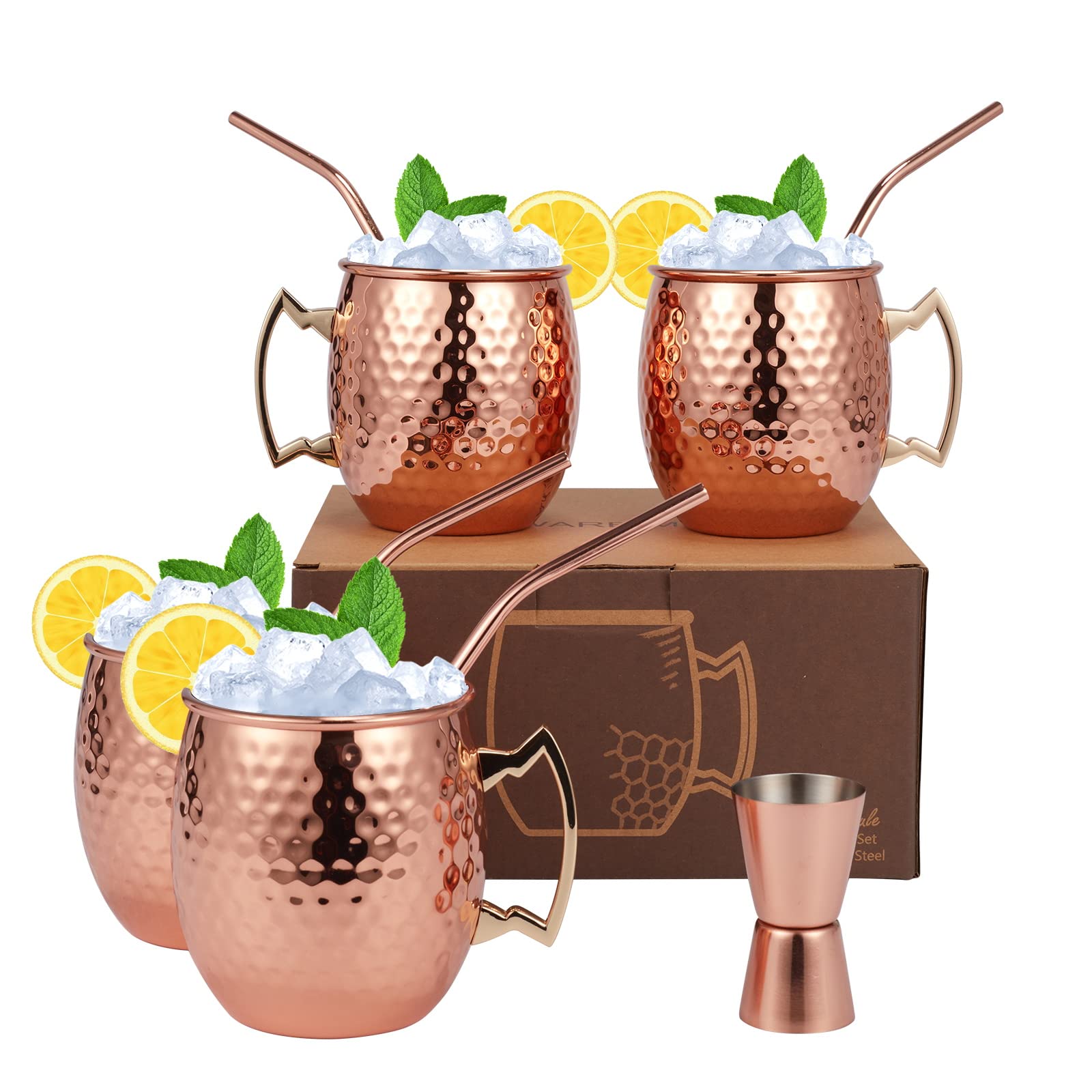 Moscow Mule Mugs Set of 9 - 20oz Hammered Moscow Mule Mugs Drinking Cup 304 Stainless Steel with 4 Straws-1 Jigger-Great Dining Entertaining bar Gift Set Mug Set of 4 (double jigger included)