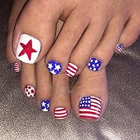 24Pcs Press on Toenails- American Independence Day Toe Press on Nails Fake Nails Star American Flag Design Glossy Full Cover Acrylic Toe Nail Press on with Glue on Nails 4th of July False Toenails Kit