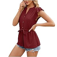 Women Cap Sleeve Shirts Cute Babydoll Tops Button V Neck Tunic Tee Lace Up Waist Dressy Blouses Sexy Summer Top