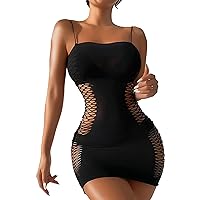 YiZYiF Womens Fishnet Bodycon Mini Dress Mock Neck Hollow Out Nightdress Mesh Sheer Club Party Dress Halter Black Type K One Size