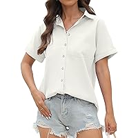 CUNLIN 100% Cotton Short Sleeve Shirts for Women Button Down Shirt Womens Blouses Casual Summer Tops with Pockets