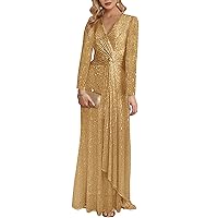 meilun Long Sleeve Sequin Dress for Women Formal Gowns Sparkly V Neck Maxi Dress
