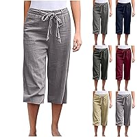 Capris Pants for Women 2024 Summer Drawstring Elastic Waist Lounge Pant Cotton Linen Pant with Pockets Casual Cropped Trouser