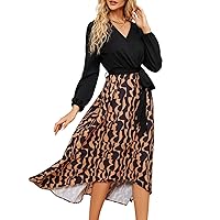 JASAMBAC Womens Floral High Low Semi Formal Lantern Long Sleeve Patchwork Flowy Maxi Dresses with Pockets