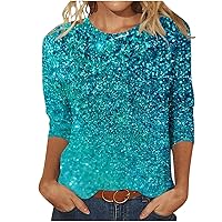 2023 Cute Sequin 3/4 Sleeve Tops for Women Summer Three Quarter Crewneck Shirts Dressy Workout Cotton Tunic Blouse