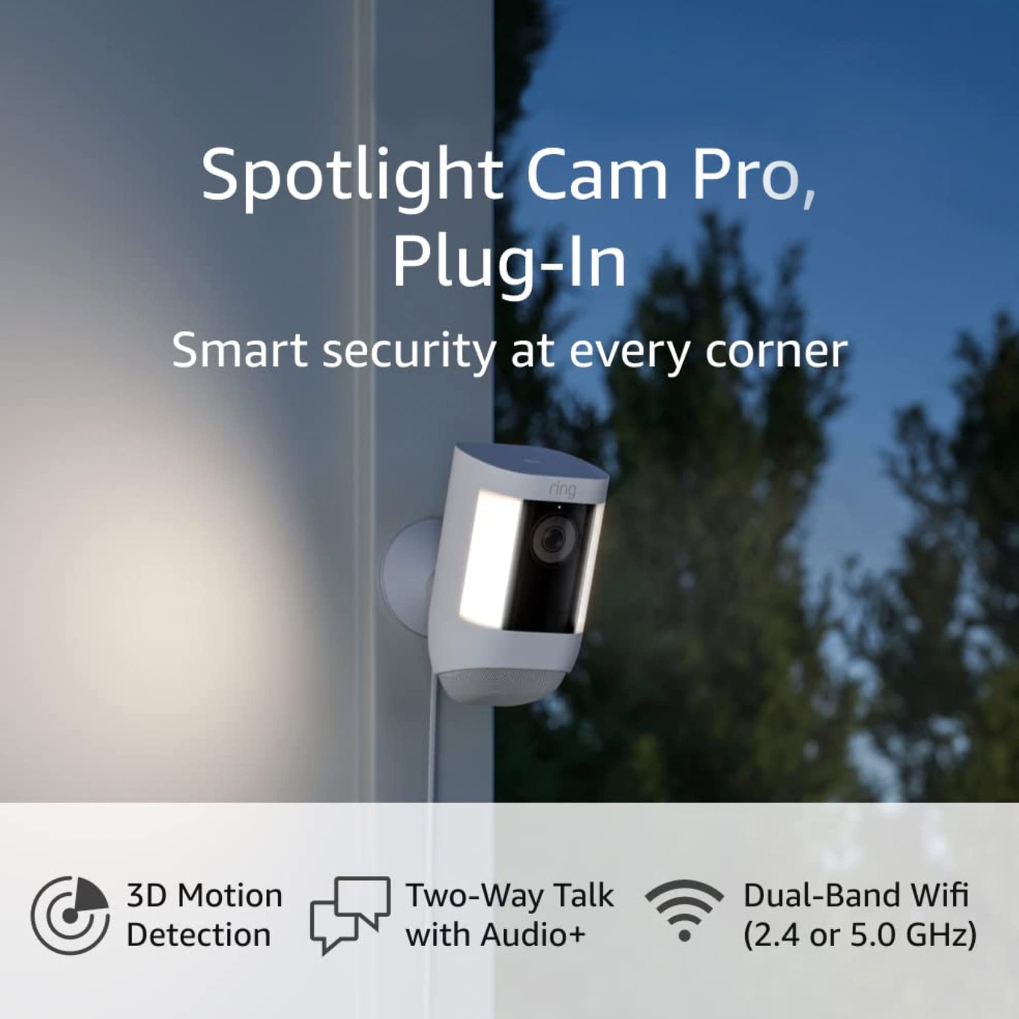 Ring Spotlight Cam Pro, Plug-In | 3D Motion Detection, Two-Way Talk with Audio+, and Dual-Band Wifi (2022 release) - White