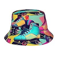 Retro Roller Skates Colorful Print Bucket Hat Sun Caps Beach Fisherman Hats for Teens Women Men Kids Unisex Packable