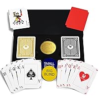 Poker PEEK Playing Cards - 100% Plastic Waterproof, Flexible PVC Standard Cards, Black/Gold Double-Deck Set, with Gold Dealer, Small and Big Blind Button, and Red Plastic Cut Cards