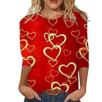 Love Shirts for Women, Jean Shirt Woman Friends Shirt Women's Fashion Casual Three Quarter Sleeve Valentine's Day Print Round Neck Pullover Top Blouse Black Fitted Shirt Red Floral Blouse(5-Wine,XXL)