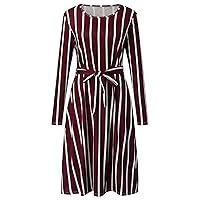 Andongnywell Women's Striped Flowy Belt Dress Stripe Swing Midi Dress Long Sleeve Round Neck Belted Dress