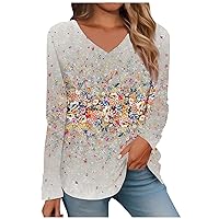 Women 2023 Fall Long Sleeve Cotton Tops V Neck Tunic Casual Loose Blouse Winter Trendy Print Sweatshirt Pullover