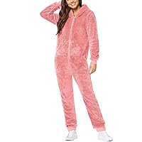 Women Sweatshirt Style One Piece Pjs Fleece Warm Hooded Drawstring Zipper Jumpsuit Plus Size Solid Onesie Pajamas