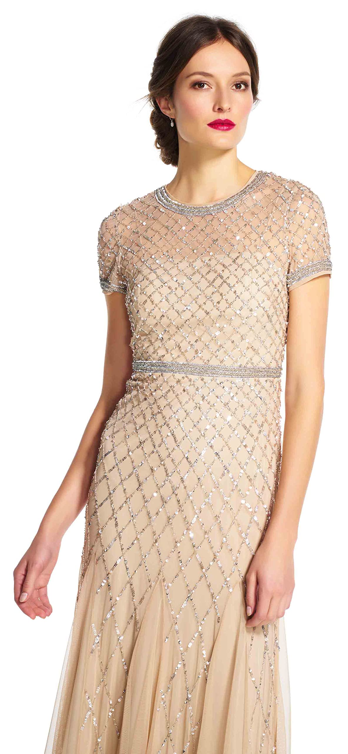 Adrianna Papell Women's Short-Sleeve Beaded Mesh Gown