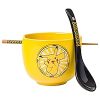 Silver Buffalo Pokemon Pikachu Electric Ceramic Ramen Noodle Rice Bowl with Chopsticks and Spoon, Microwave Safe, 20 Ounces