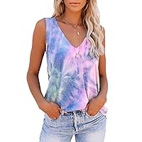 Sleeveless Tank Tops for Women Summer Tops V Neck Tie Dye Cute Printed Loose Fit Workout Yoga Shirt