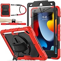 SEYMAC stock Case for iPad 9th/ 8th/ 7th Generation 10.2'', Shockproof Case with Screen Protector Pencil Holder [360° Rotating Hand Strap] &Stand, Case for iPad 10.2 inch 2021-2019 (SiliconeRed+Black)