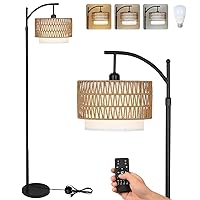 Arc Floor Lamp for Living Room with 3 Color Temperatures, Farmhouse Floor Lamps with Remote & Dimmable Bulb, Boho Standing Lamp with Rattan & Fabric Shades, Adjustable Tall Lamp for Bedroom, Office