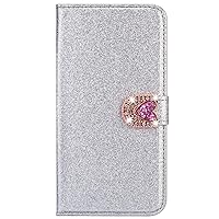 Wallet Case Compatible with iPhone 13, Glitter Bling Love Buckle Diamond Pu Leather Flip Phone Cover for iPhone 13 (Silver)