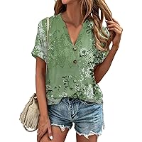 Vintage Tees for Women, Women's Summer Fashion Short Sleeve Floral Button T-Shirt Top Flower Shirts, S, XXL